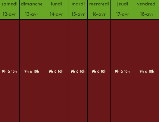 Emploi du temps des vacances de printemps ou vacances de Pâques. Du samedi 12 avril au vendredi 18 avril.